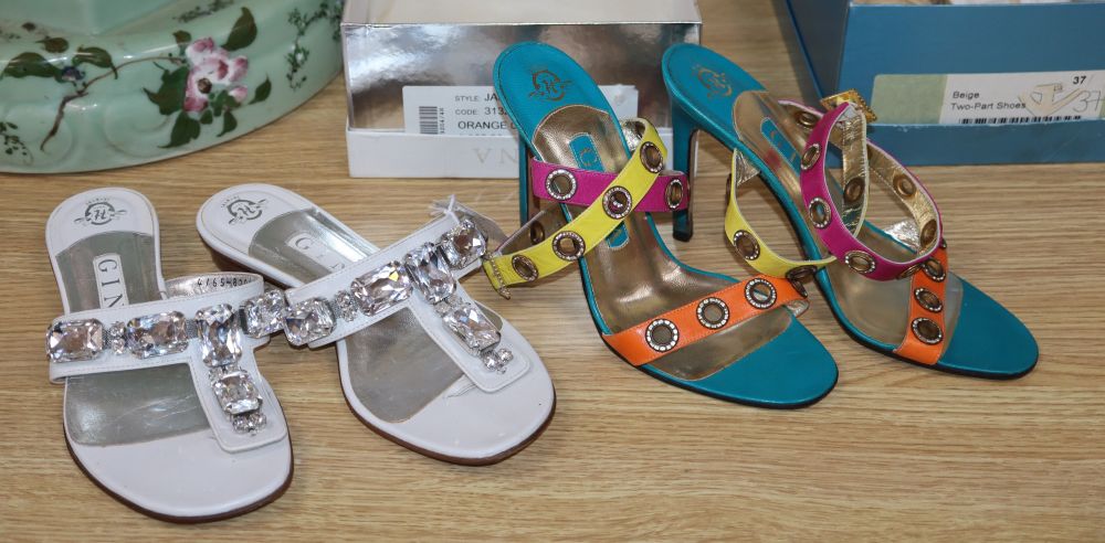 A pair of Gina orange turquoise and pink leather sandals with cross-over ankle straps and cut out diamonte decoration, together with a